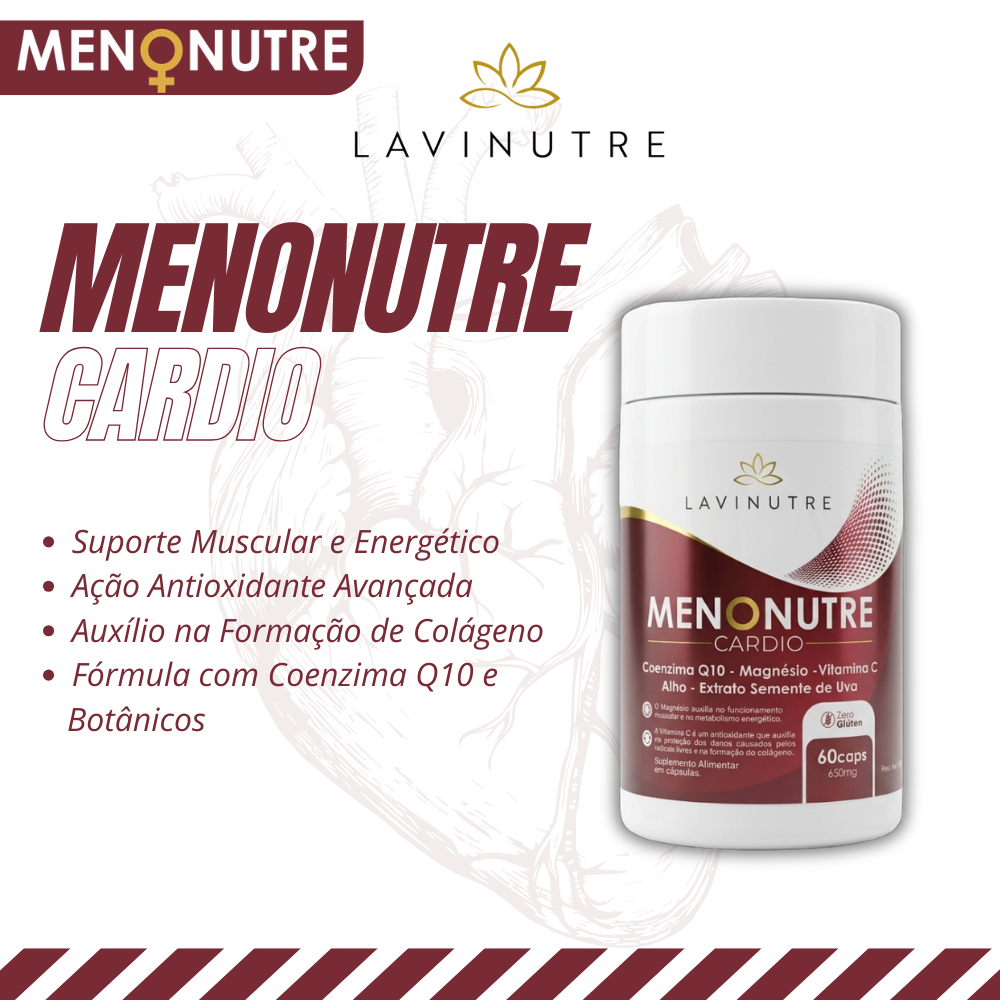 Proteção Vascular Suplemento Menonutre Cardio da Lavinutre com Coenzima Q10 (ubiquinona), Magnésio e Vitamina C. Frasco de 60 cápsulas para saúde do coração, energia e ação antioxidante.