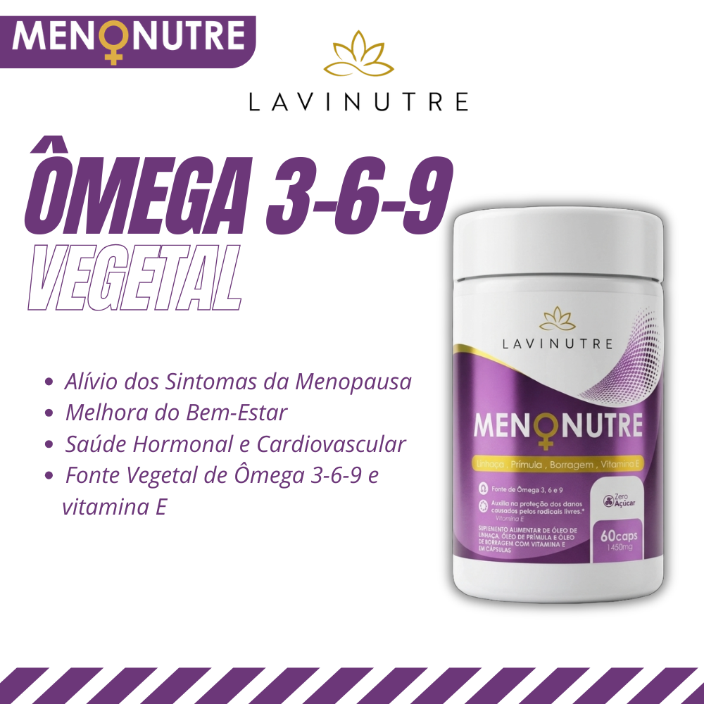 Ciência Hormonal Frasco do suplemento Menonutre Ômega 3-6-9 Vegetal da Lavinutre, formulado com óleo de linhaça, prímula e borragem para alívio dos sintomas da menopausa, saúde hormonal e bem-estar feminino.