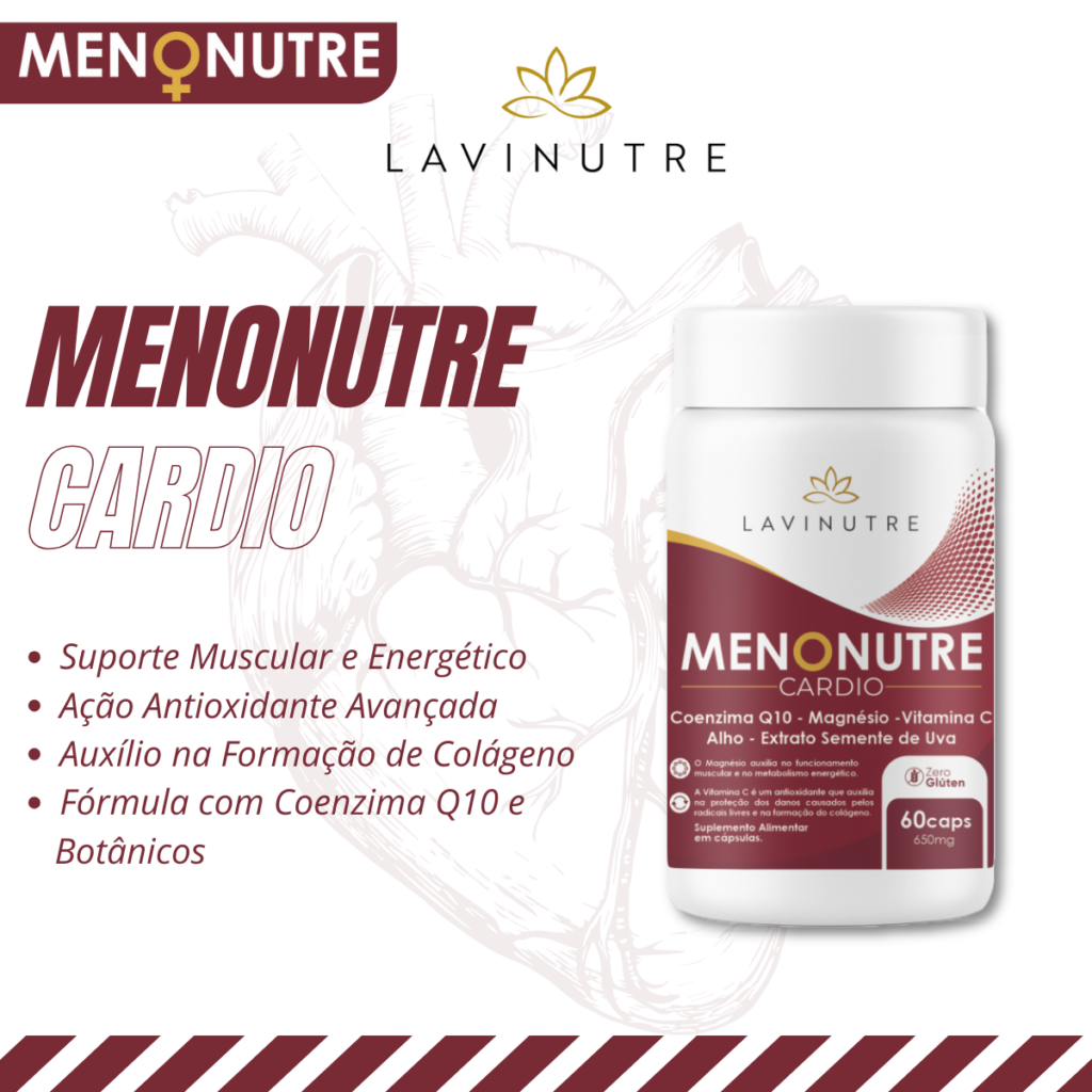 Frasco do suplemento Menonutre Cardio da Lavinutre, linha Proteção Vascular. Embalagem premium com detalhes em tons de roxo e dourado, destacando os benefícios para a saúde cardiovascular feminina e o equilíbrio do sistema circulatório na perimenopausa.