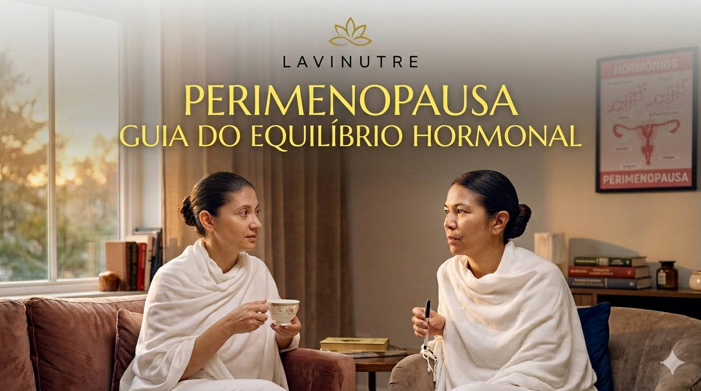 Uma imagem de capa de blog com tons quentes de pôr do sol. Na parte superior central, está o logotipo da Lavinutre (um lótus dourado acima do nome da marca). Abaixo do logo, um grande título em letras douradas diz: 'PERIMENOPAUSA' e, em seguida, 'GUIA DO EQUILÍBRIO HORMONAL'. A imagem mostra duas mulheres sentadas em sofás confortáveis de veludo em uma sala de estar. Ambas vestem roupões brancos de spa e têm os cabelos presos. A mulher da esquerda segura uma xícara de chá. A mulher da direita segura uma caneta. Elas estão voltadas uma para a outra, conversando. Há uma grande janela à esquerda mostrando o pôr do sol e, na parede da direita, um pôster emoldurado com um diagrama do sistema reprodutivo feminino e o texto 'HORMÔNIOS' e 'PERIMENOPAUSA'. O clima é de calma, conforto e aprendizado.