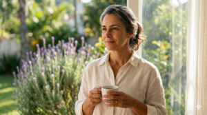 Mulher madura e serena, com expressão de confiança e bem-estar, segurando uma caneca e olhando pela janela para um jardim com lavandas, simbolizando equilíbrio emocional, conforto e vitalidade natural na menopausa.