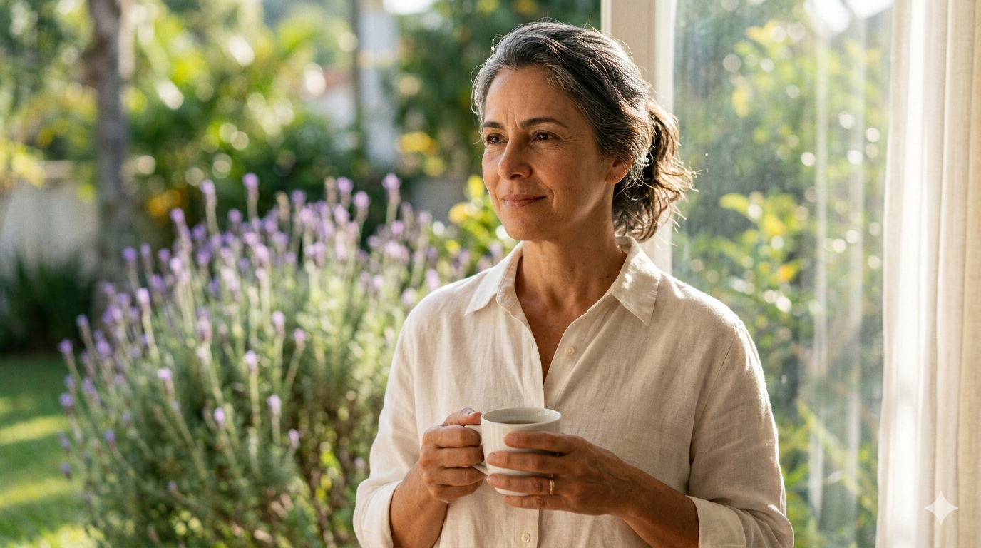 Mulher madura e serena, com expressão de confiança e bem-estar, segurando uma caneca e olhando pela janela para um jardim com lavandas, simbolizando equilíbrio emocional, conforto e vitalidade natural na menopausa.