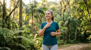 Mulher madura e ativa caminhando em uma trilha arborizada, sorridente e com a mão sobre o peito, simbolizando saúde cardiovascular, vitalidade e bem-estar na menopausa.