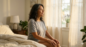 Mulher madura sentada na beira da cama ao amanhecer, com expressão contemplativa e suave sorriso, envolta pela luz natural da manhã que entra pela janela, simbolizando a recuperação da energia, o equilíbrio do cortisol e o despertar com vitalidade na maturidade.