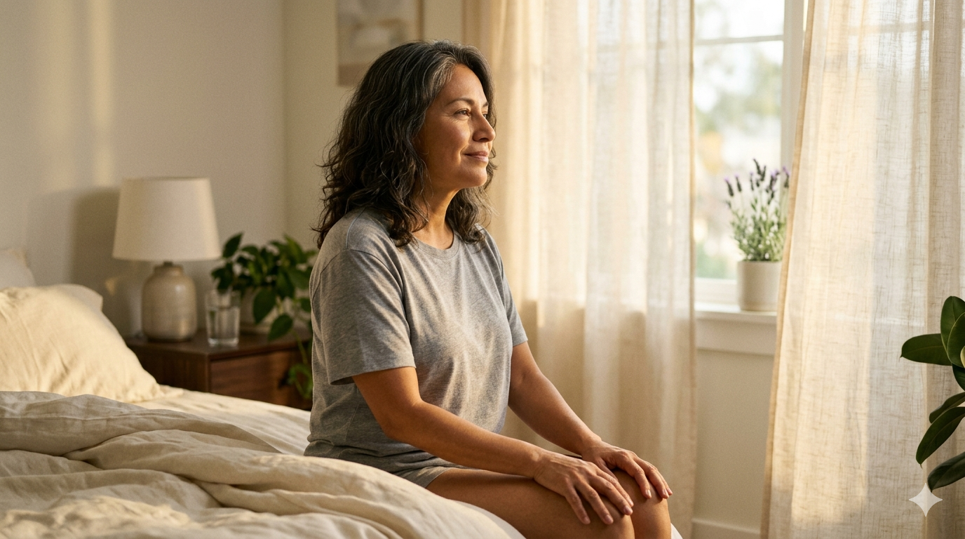 Mulher madura sentada na beira da cama ao amanhecer, com expressão contemplativa e suave sorriso, envolta pela luz natural da manhã que entra pela janela, simbolizando a recuperação da energia, o equilíbrio do cortisol e o despertar com vitalidade na maturidade.