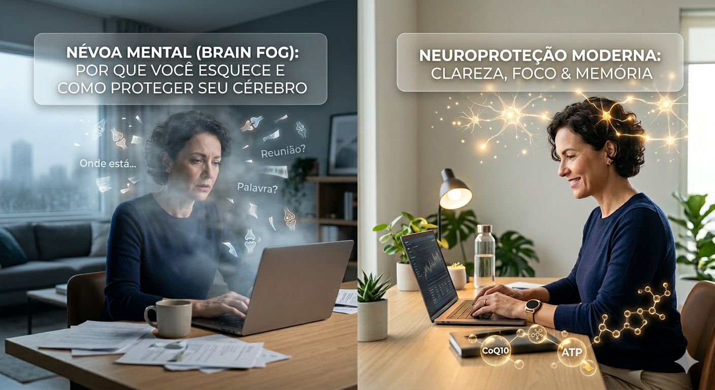 Imagem comparativa sobre névoa mental e clareza cognitiva. À esquerda, uma mulher de meia-idade expressa confusão e fadiga diante de um laptop, cercada por fumaça e palavras flutuantes como 'Reunião?' e 'Palavra?'. À direita, a mesma mulher aparece sorridente e focada, com ilustrações de redes neurais brilhantes sobre sua cabeça e ícones científicos de CoQ10 e ATP, simbolizando neuroproteção e energia cerebral.