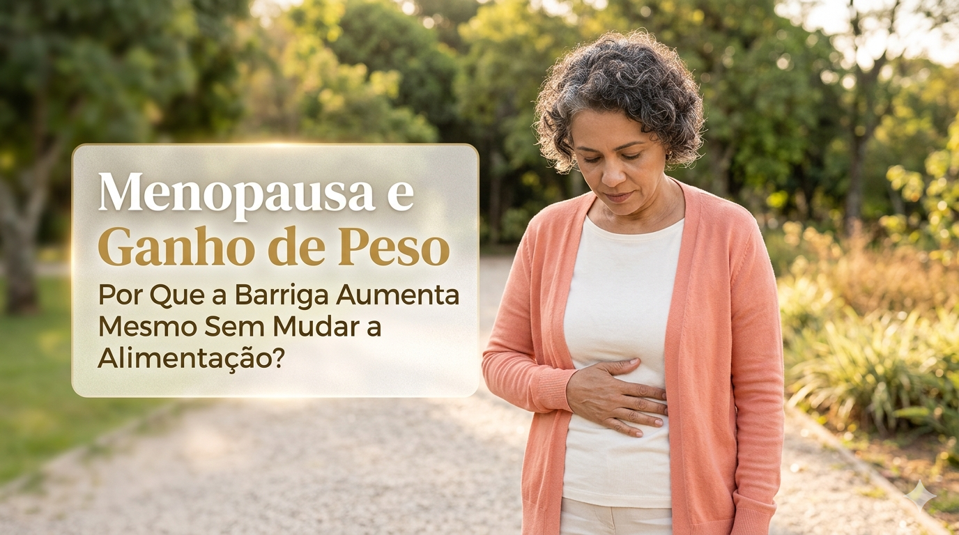 Uma mulher madura, com cabelos grisalhos e cacheados, vestindo um cardigã pêssego, está em pé em um jardim ensolarado. Ela tem uma expressão reflexiva e mantém a mão sobre a região abdominal. Ao lado esquerdo, um painel elegante com bordas douradas exibe o título do post: 'Menopausa e Ganho de Peso', seguido do subtítulo: 'Por Que a Barriga Aumenta Mesmo Sem Mudar a Alimentação?