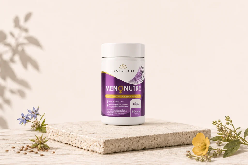 Frasco do suplemento Menonutre Ômega 3-6-9 Vegetal da Lavinutre, formulado com óleo de linhaça, prímula e borragem para alívio dos sintomas da menopausa, saúde hormonal e bem-estar feminino.