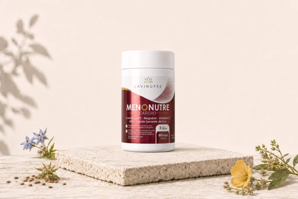 Suplemento Menonutre Cardio da Lavinutre com Coenzima Q10 (ubiquinona), Magnésio e Vitamina C. Frasco de 60 cápsulas para saúde do coração, energia e ação antioxidante.