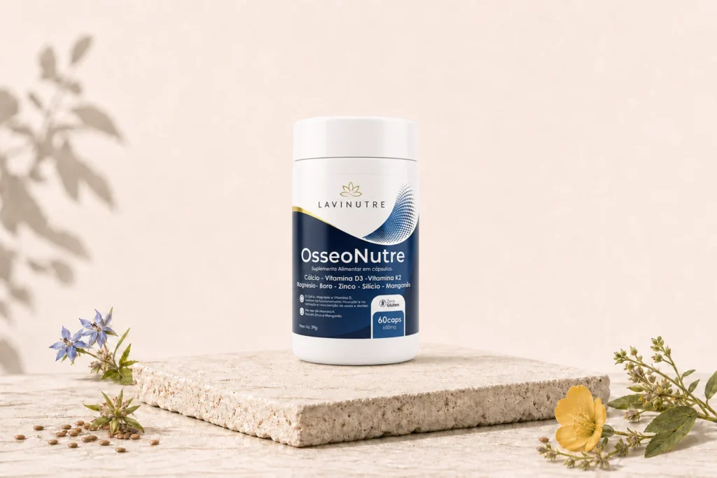 Suplemento OsseoNutre Saúde Óssea da Lavinutre. Frasco de 60 cápsulas com Cálcio, Vitamina D3, K2, Magnésio e outros ativos para fortalecimento ósseo e articular.