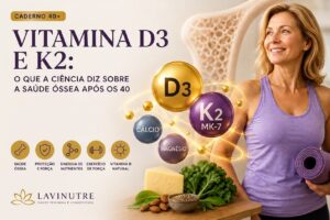 Infográfico da Lavinutre sobre a sinergia entre Vitamina D3 e K2 para a saúde óssea após os 40 anos, com ilustração de nutrientes, mulher madura com tapete de yoga e alimentos saudáveis.