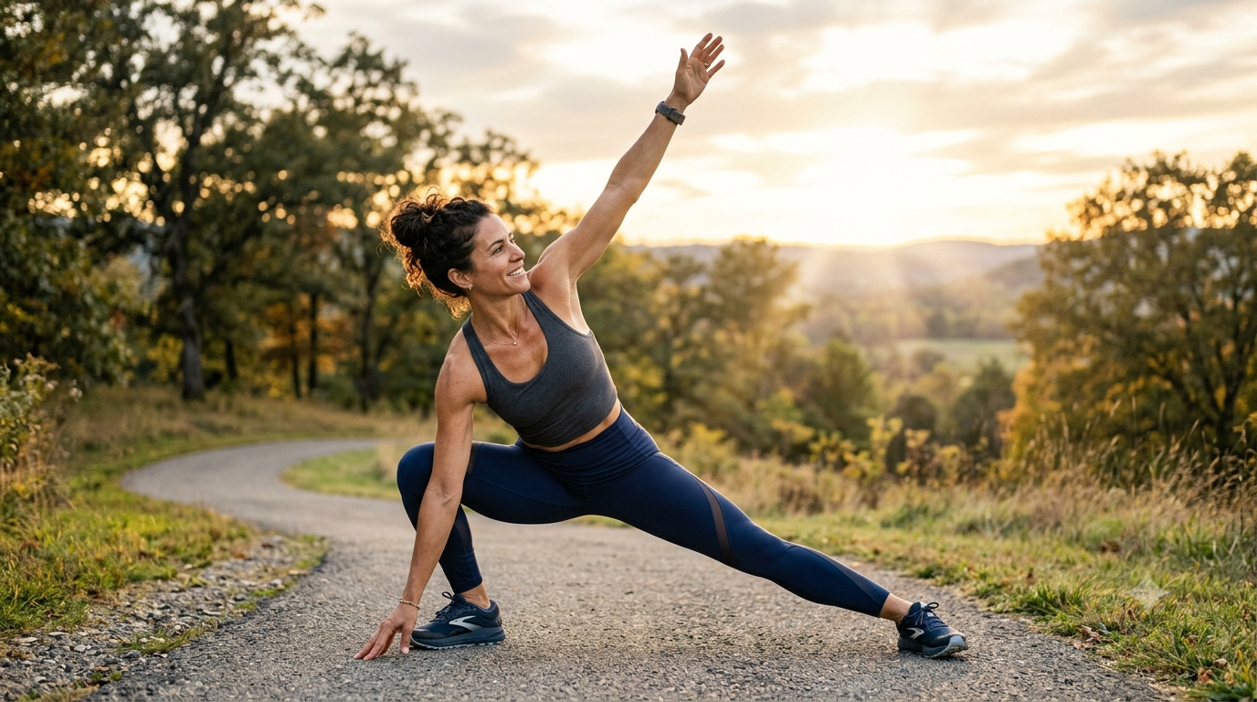 Mulher atlética de 45 anos realizando um alongamento lateral dinâmico ao ar livre em uma pista pavimentada, vestindo conjunto fitness escuro elegante e tênis, com iluminação suave do sol durante a hora dourada e paisagem natural ao fundo.